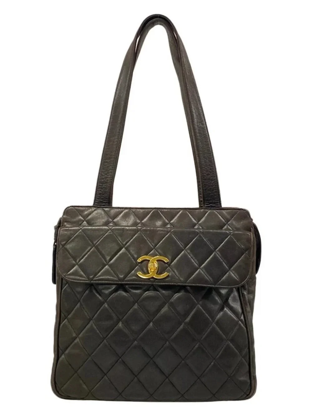 CHANEL Matelasse Dark Brown Lambskin Tote Bag Gold hardware